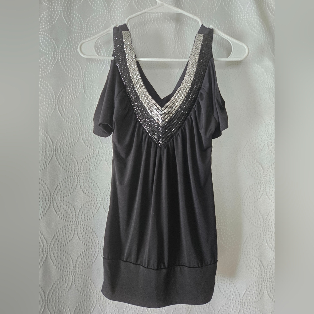 Y2k Black Sequin V-Neck Women's Top